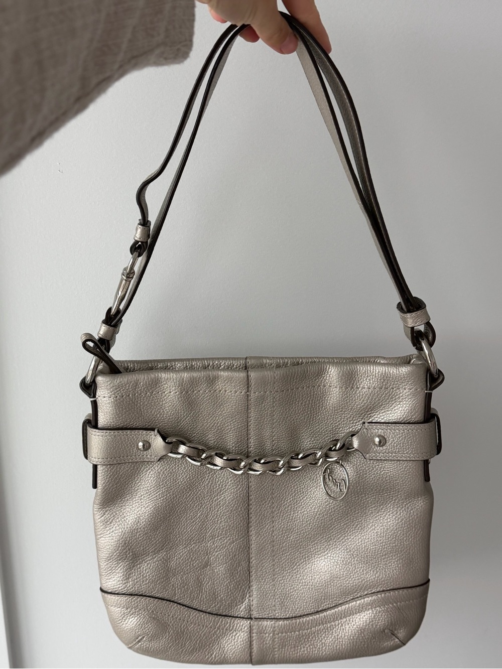Coach Metallic Silver Leather Shoulder Bag with Chain Accent
